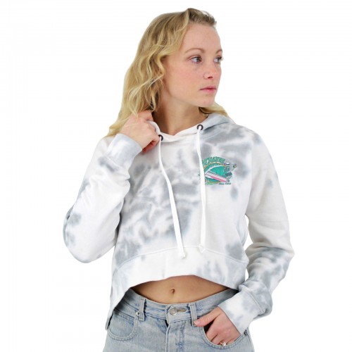 Hula Surfer Womens Cropped Pullover Hoodie in Grey Tie Dye/Grn/Pnk/Gld/Nvy/G