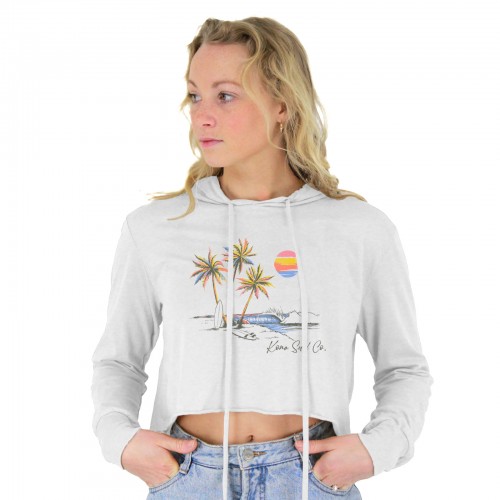 Island Palm Womens Cropped Pullover Hoodie in Solid White Triblend