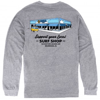 Support Your Local Surf Shop Boys Long Sleeve Shirt in Heather Grey