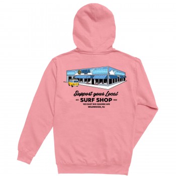 Support Your Local Surf Shop  Girls Pullover Hoodie in Pigment Pink