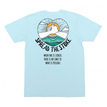 Spread The Stoke Mens T-Shirt in Heather Ice Blue/Orange/Teal/B