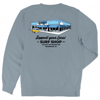 Support Your Local Surf Shop Mens Crew Sweatshirt in Slate Blue