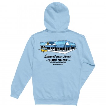 Support Your Local Surf Shop Womens Pullover Hoodie in Blue Aqua